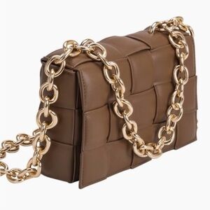 Woven Quilted Shoulder Bag with Dual Gold Chain Straps